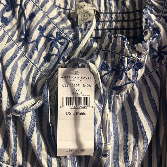 AEO Women’s Puff Sleeve Mini Dress Blue/White Large Petite - Picture 4 of 4